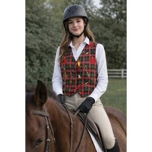 Vtg D.B. Riding Gear Plaid Vest Retro Style Print Red Open Front Cotton Size L